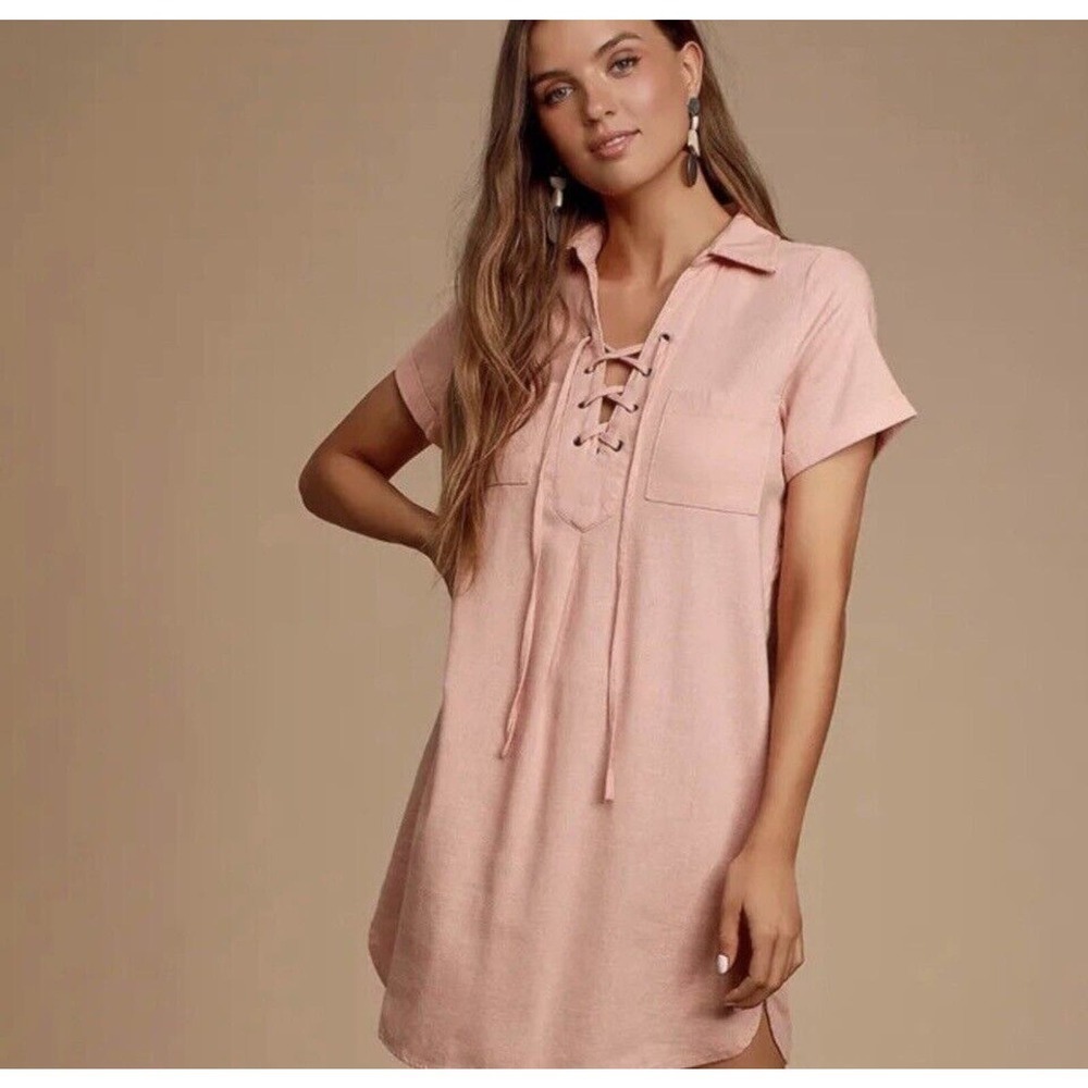 Lulus Best of All Blush Pink Short Sleeve Lace Up Dress Size Small Sheat…